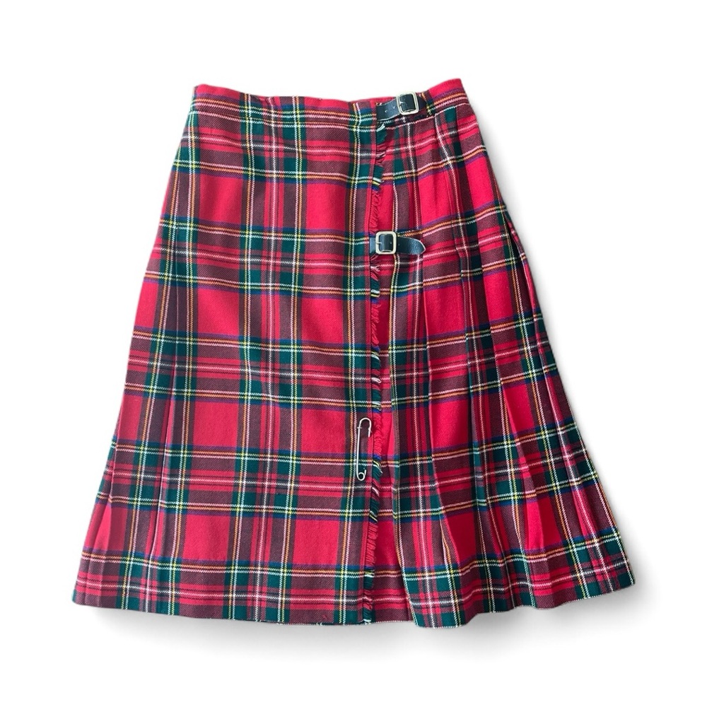 Vintage Red Tartan Plaid Pleated Wool St. Michael Midi Skirt